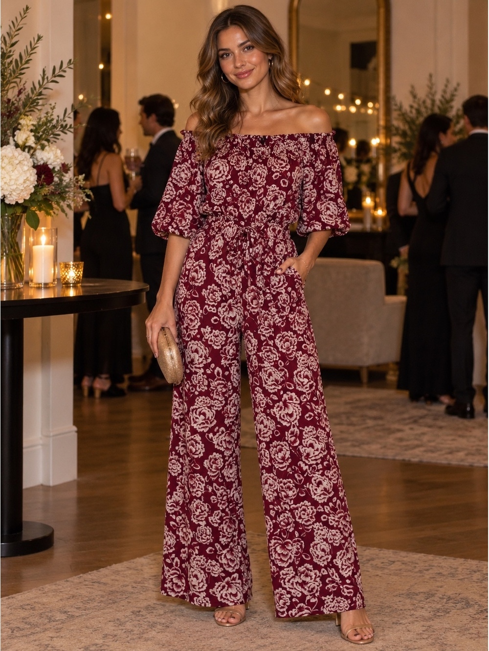 Bebop Burgundy Floral Off-Shoulder Wide Leg Jumpsuit XL